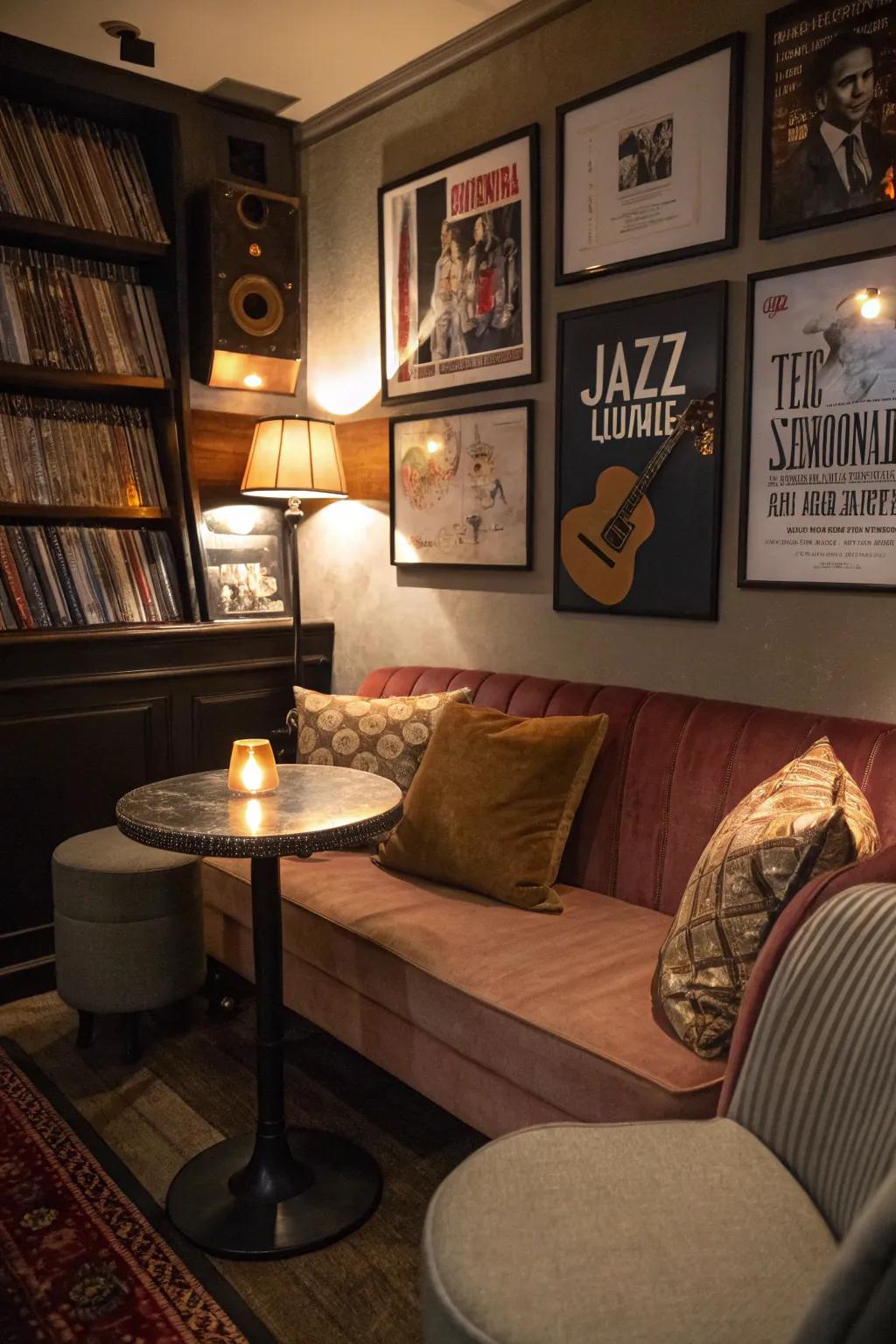 A cozy jazz lounge corner invites relaxation and conversation.