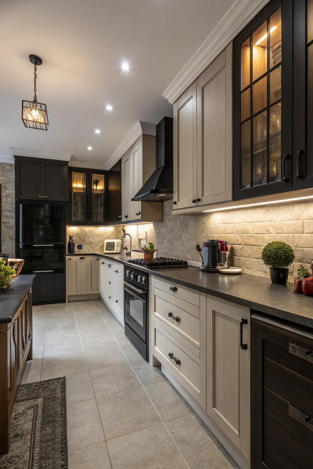 Dark accents create contrast and character in a windowless kitchen.