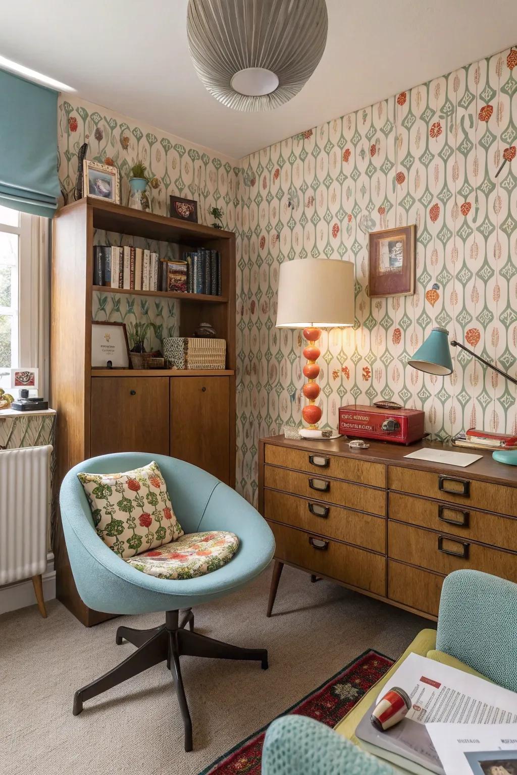 Retro-inspired decor adds a playful and nostalgic touch to the workspace.