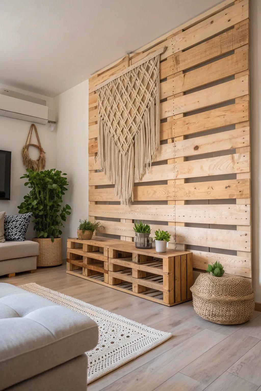 Achieve balance and tranquility with a symmetrically designed pallet wall in your living room.