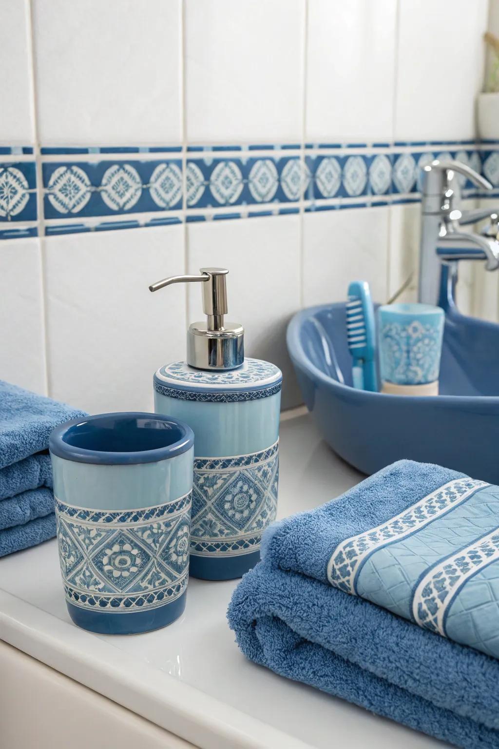 Coordinating blue accessories tie the room together with subtle elegance.
