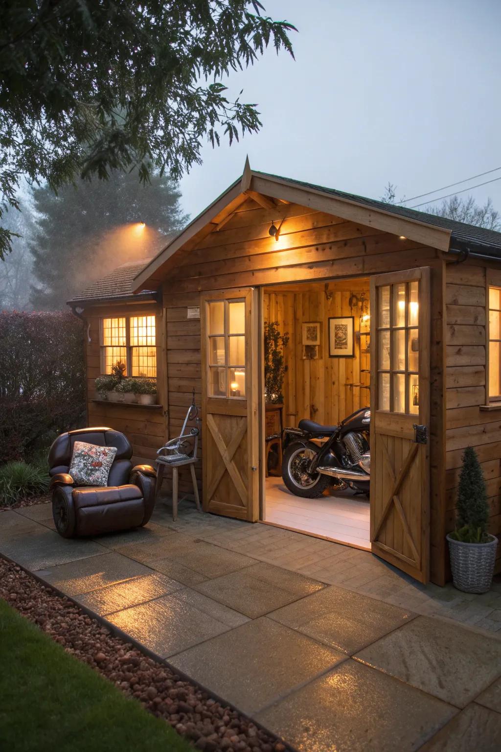 Discover tranquility in craftsmanship: Transform your motorcycle shed into a serene Zen Den.