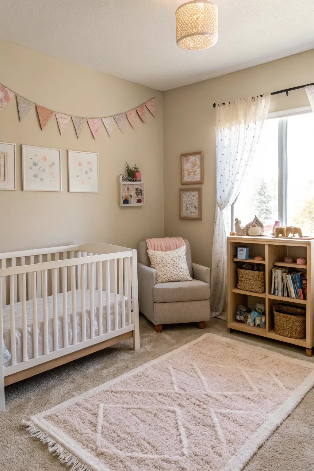 Neutral colors provide a calming and versatile backdrop for a nursery nook.