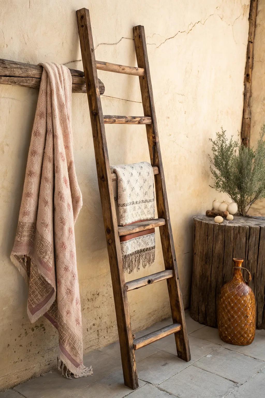 Elevate your living space with a touch of rustic charm: a handcrafted decorative ladder made from reclaimed fence wood.