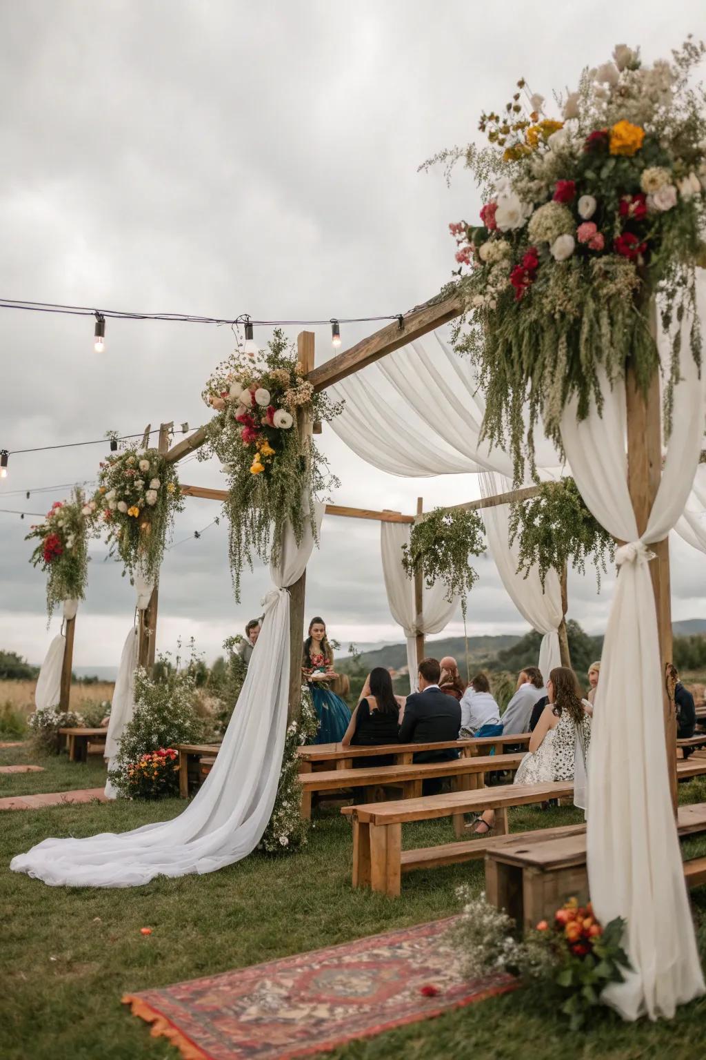 Lush hanging floral installations create a garden-like atmosphere.