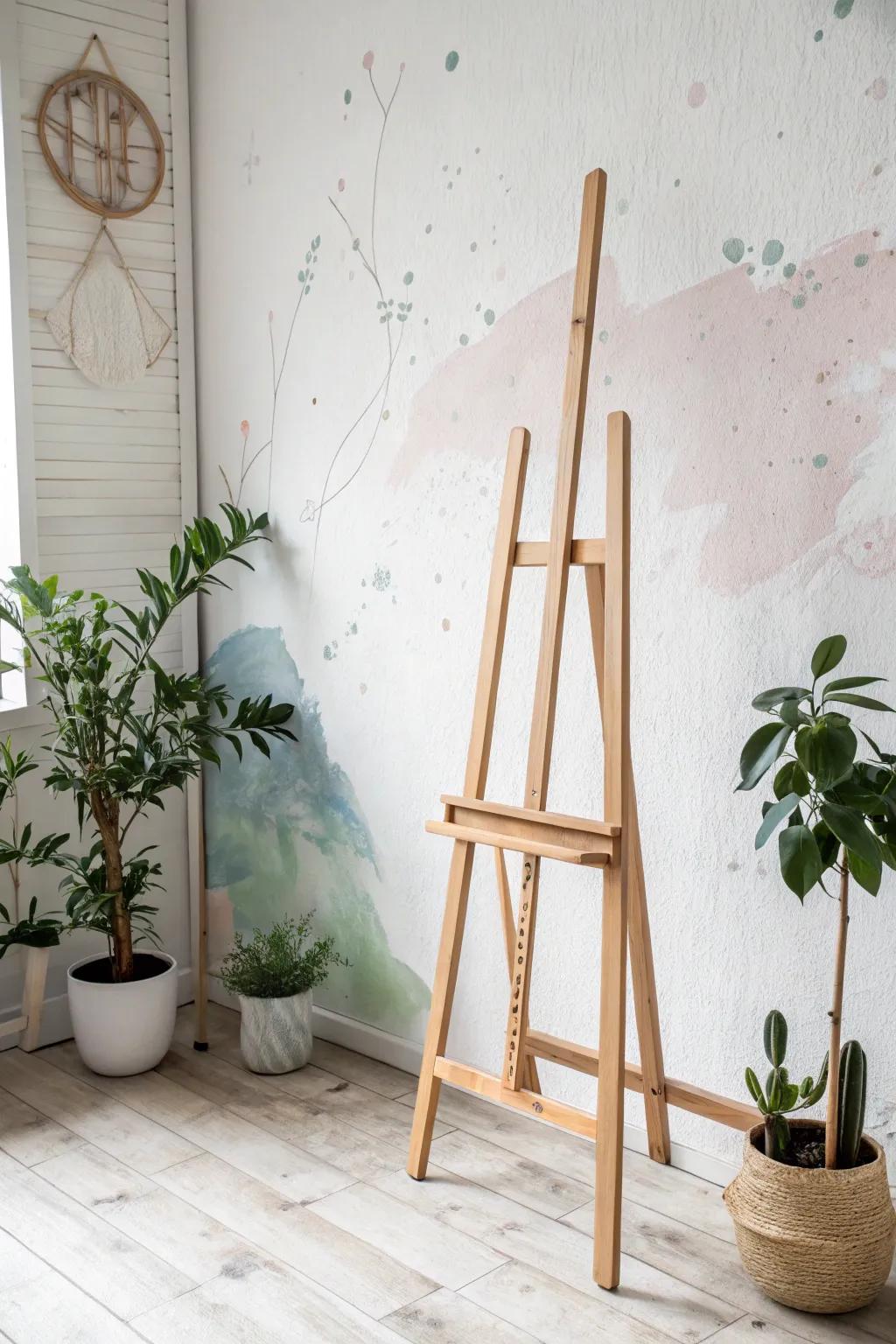 Ignite your creativity with a serene splatter wall that transforms your home studio into a haven of inspiration.