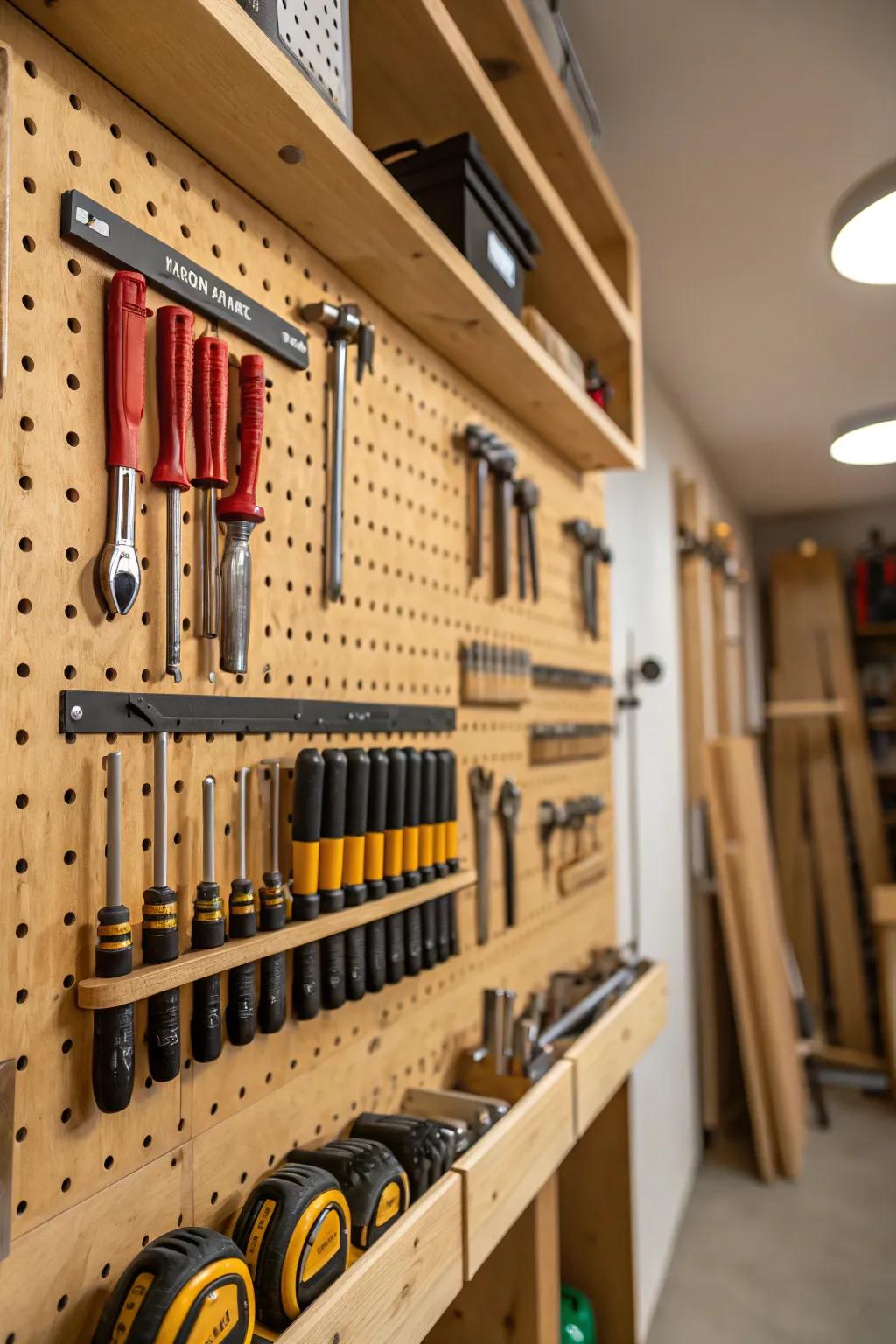 Elevate your garage organization with multi-level pegboard storage—where craftsmanship meets efficiency.
