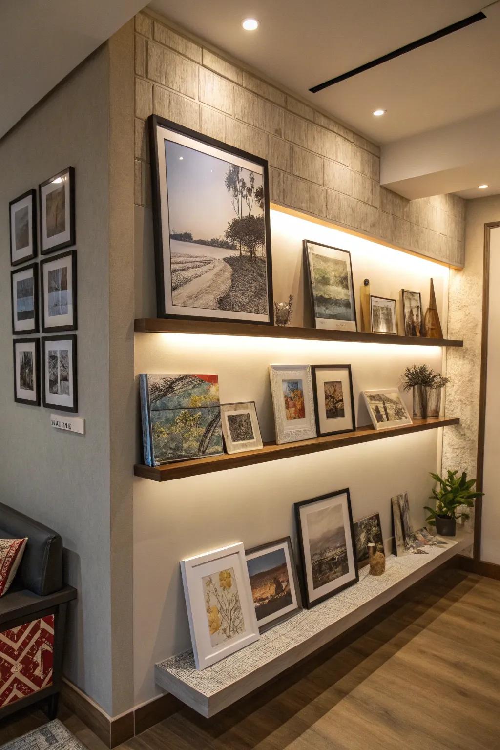 An unexpected corner picture ledge becomes an artistic focal point.
