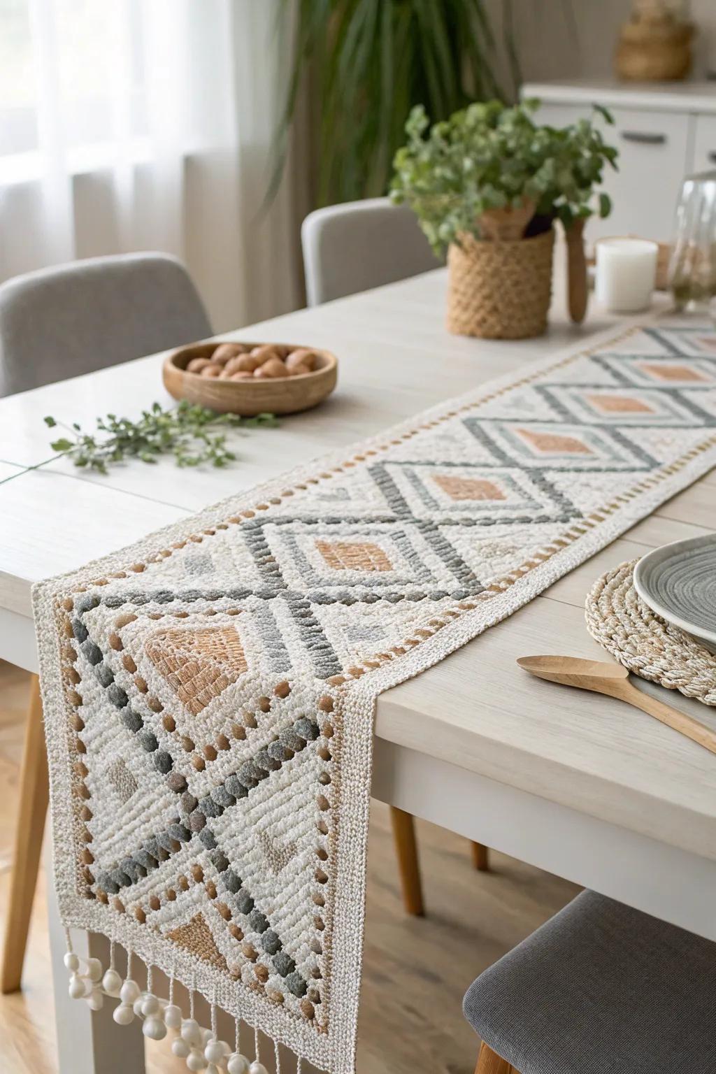 Transform your dining space with a handcrafted beaded table runner that blends Scandinavian simplicity with boho elegance.