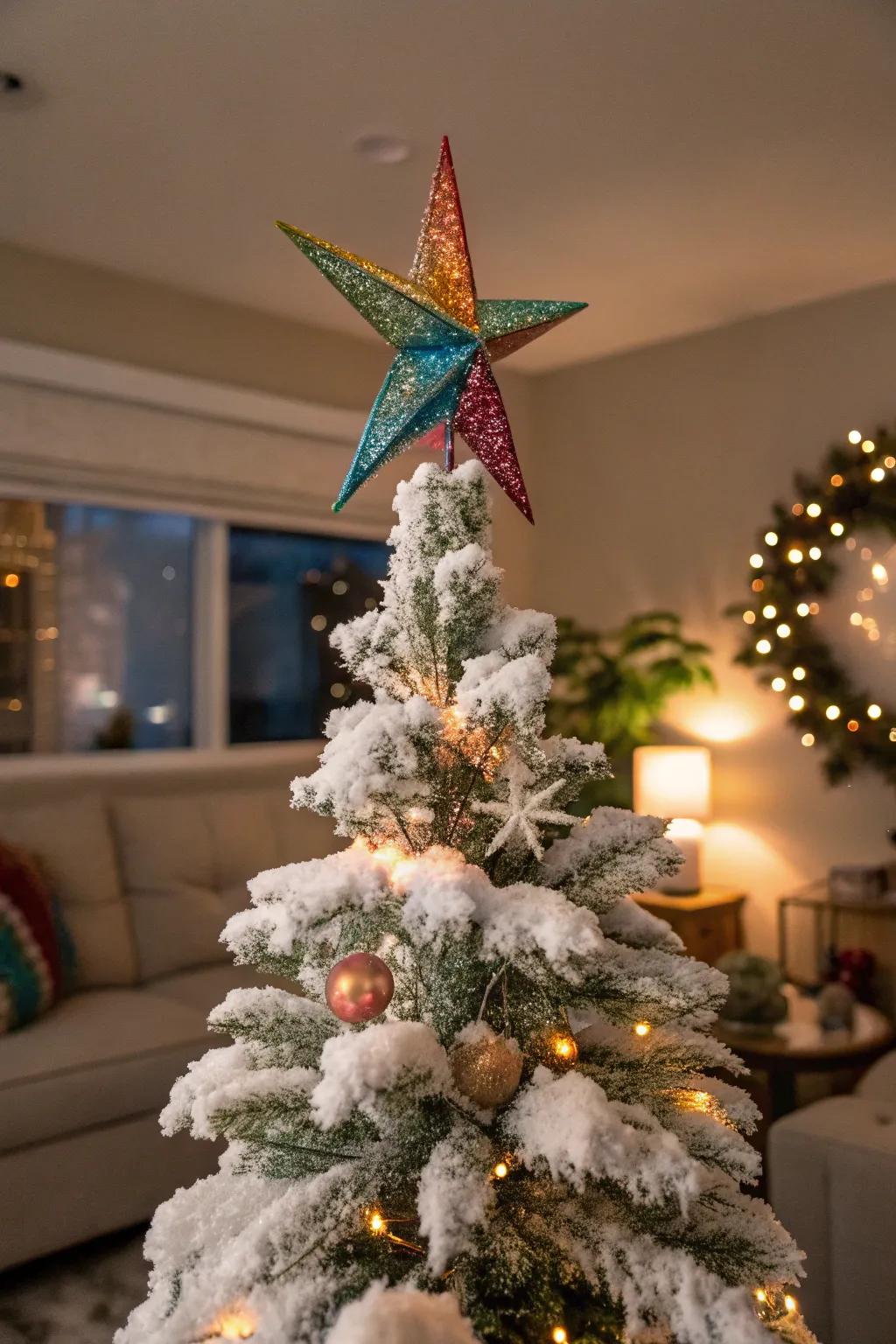 An unusual tree topper adding a unique and personal touch to a snowy Christmas tree.