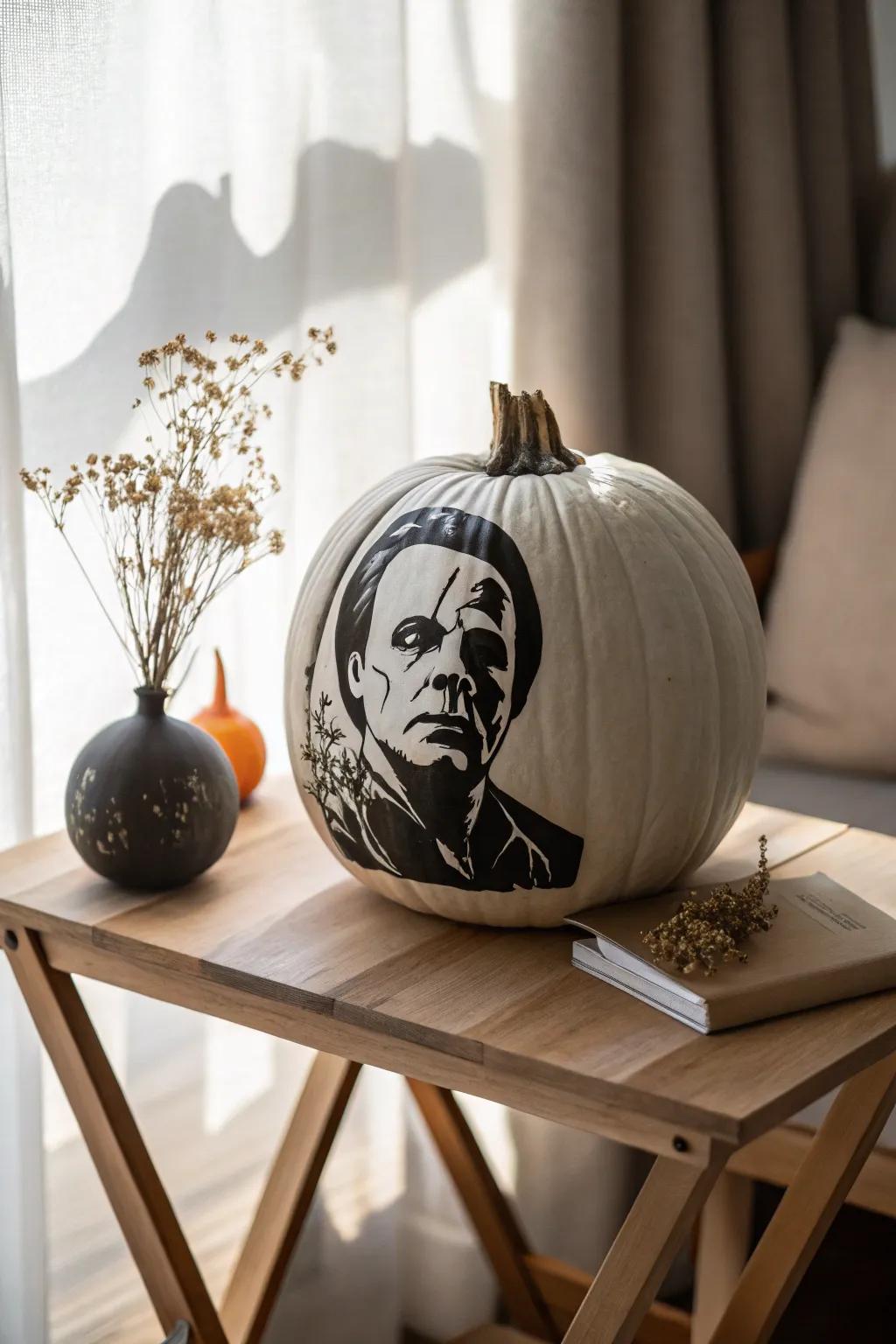 Transform your pumpkin into a masterpiece with a minimalist horror portrait that captures both fear and beauty.