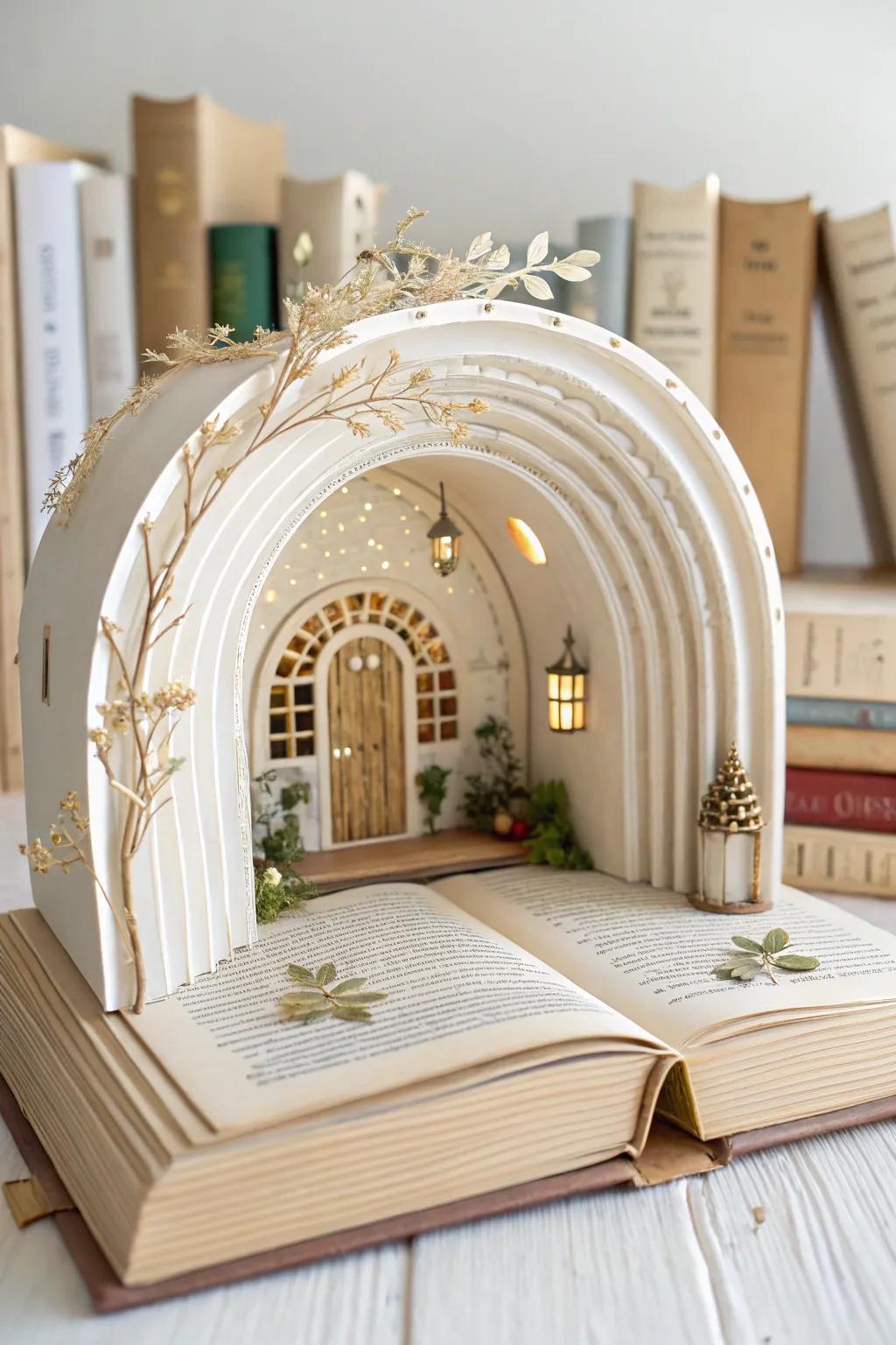 Step into a whimsical world where books float and secrets hide. Discover the magic of a beautifully crafted library tunnel book.