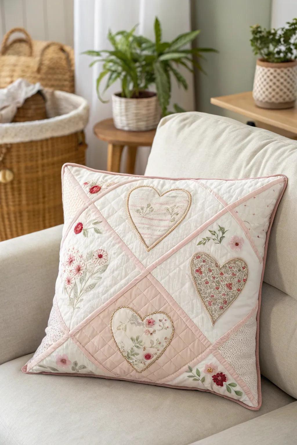 Snuggle up with this charming Valentine's Day quilted cushion, a perfect blend of minimalist elegance and boho warmth.