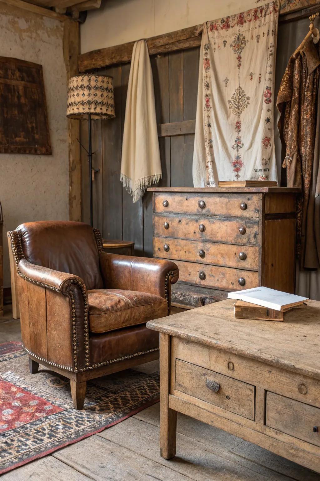 Distressed finishes add authentic charm.