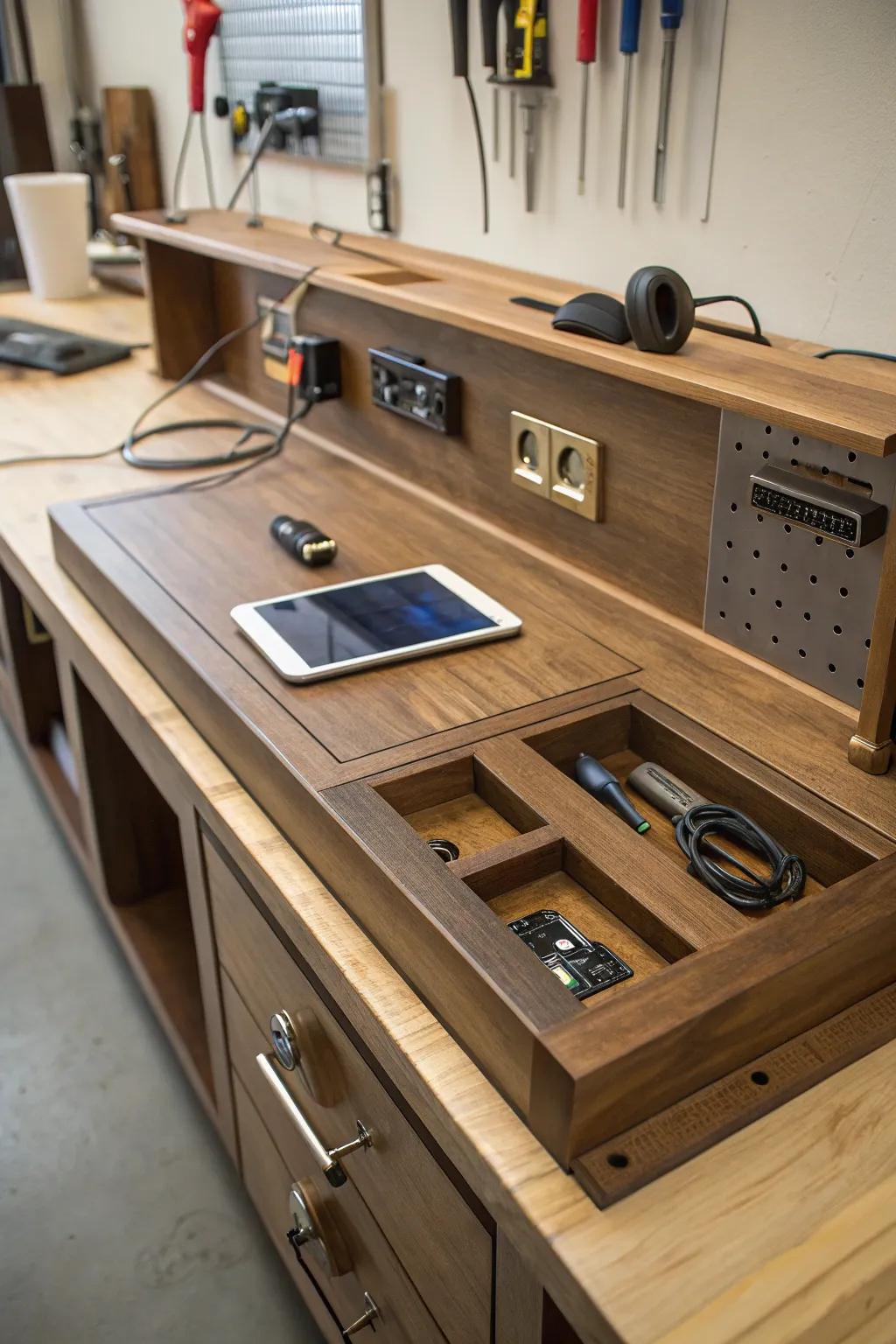 Elevate your workspace with a tech-savvy workbench that marries craftsmanship and modern convenience.
