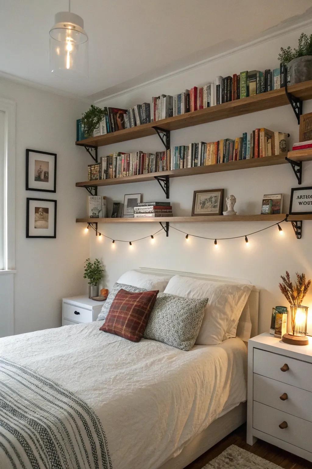 Floating shelves add elegance and practicality.