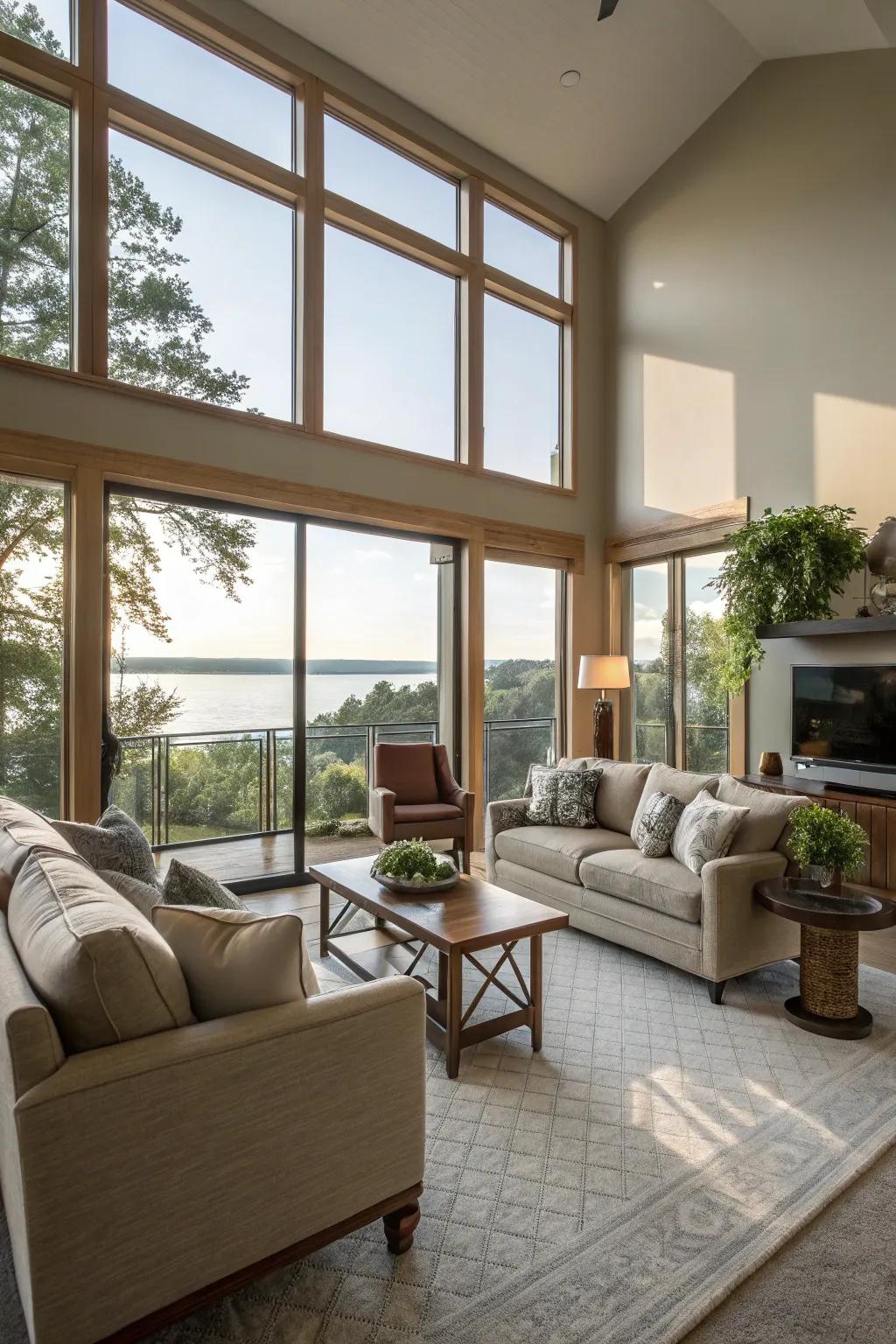 Natural light and large windows create an airy and expansive atmosphere.