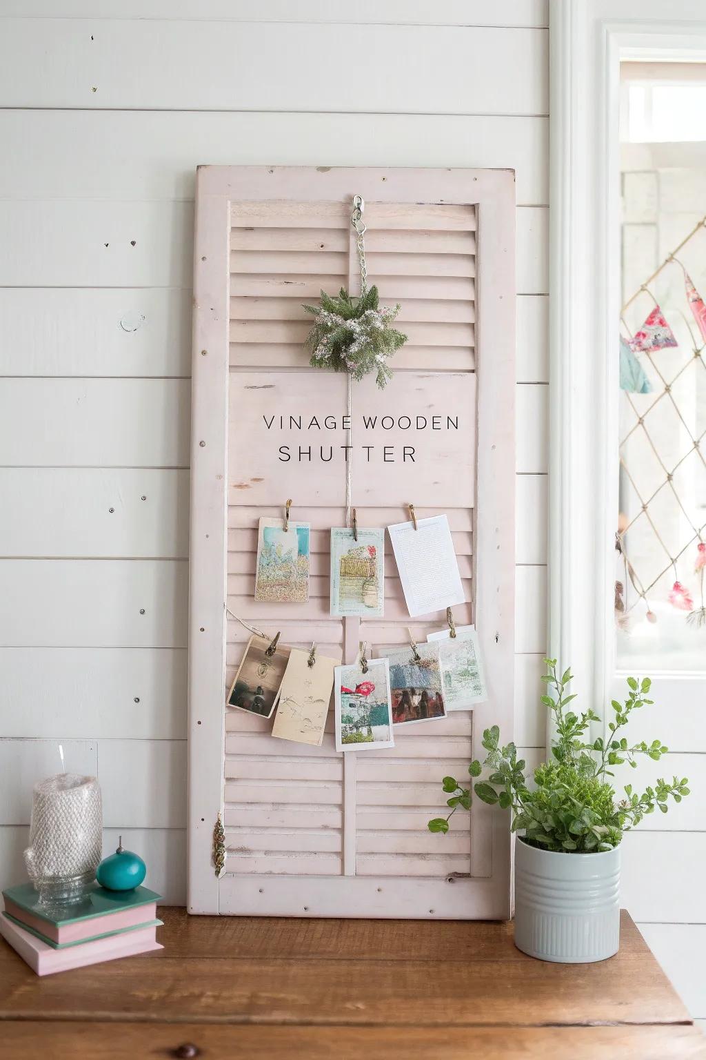Transform your space with beauty and function: a chic memo board crafted from vintage shutters.