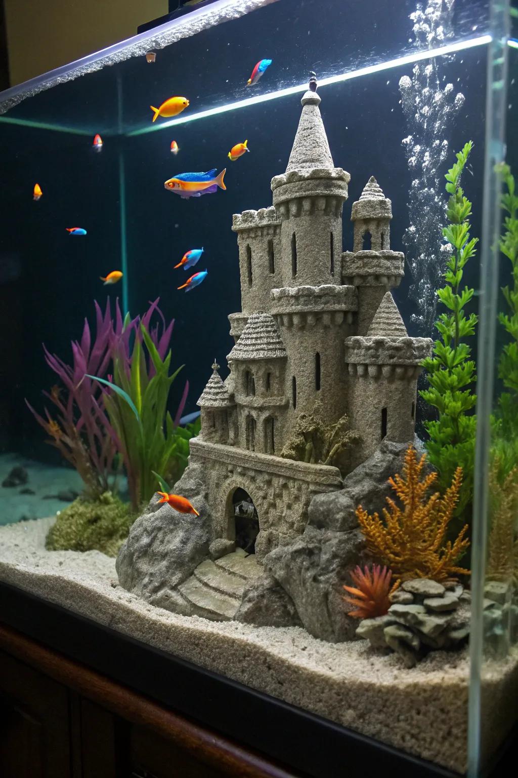 Castle ruins bring a touch of fantasy to your aquatic environment.