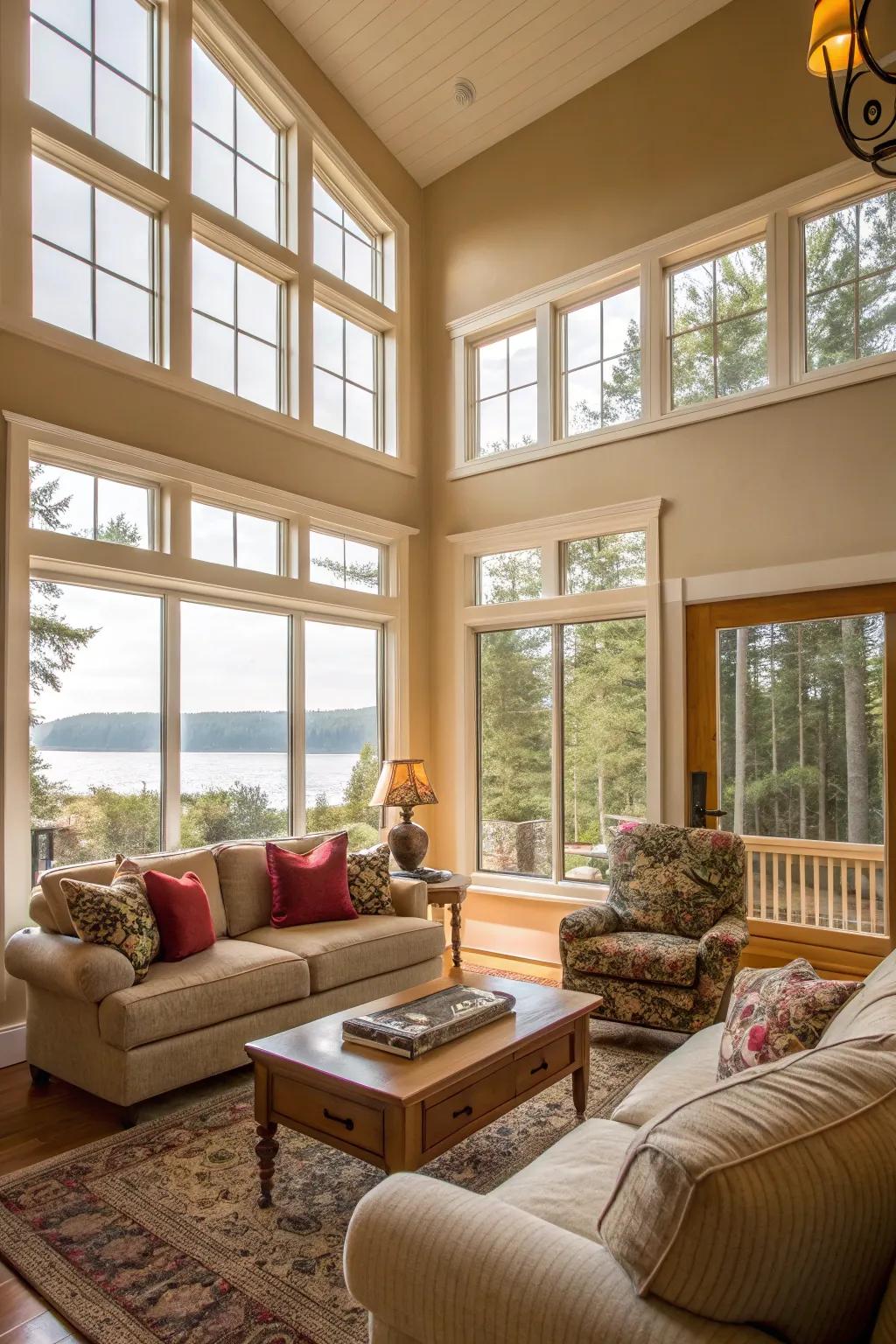 Large windows brighten up the 2nd-floor living room with natural light.