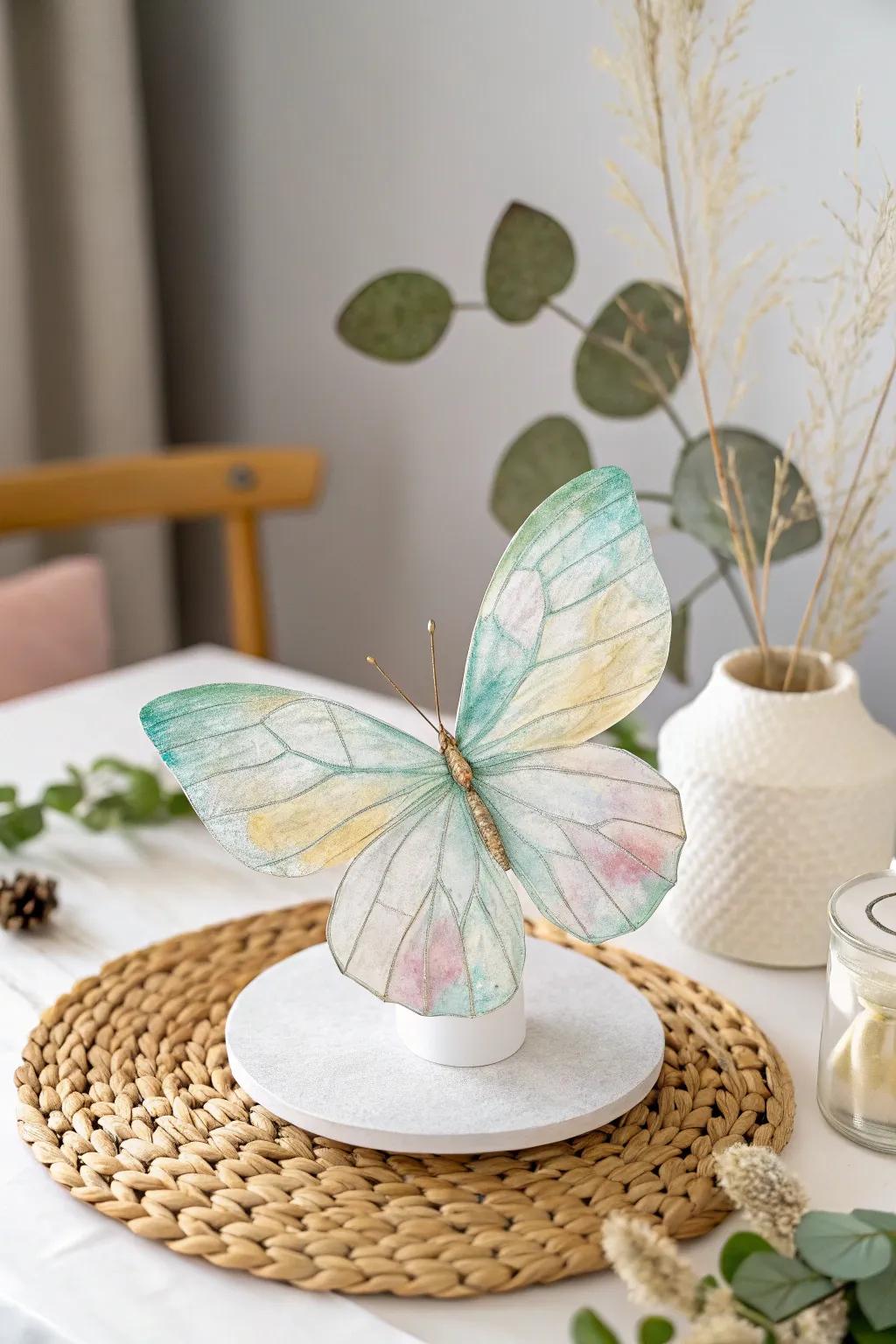 Delicate beauty: A handcrafted coffee filter butterfly brings minimalist charm and vibrant color to your space.
