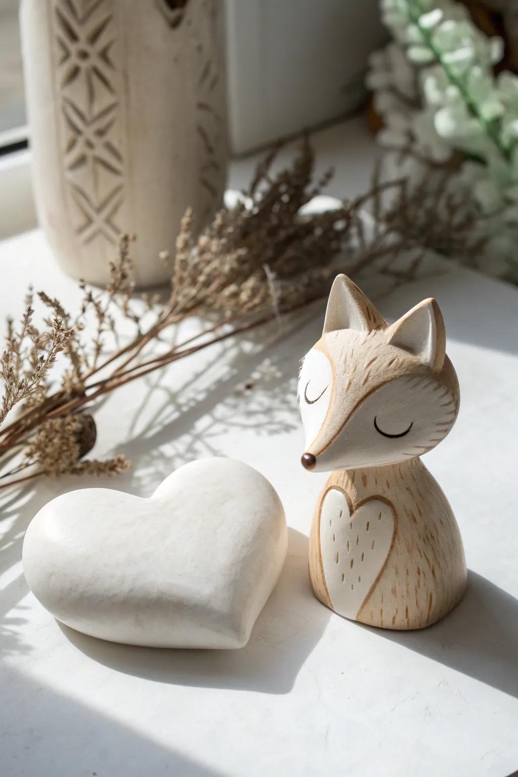 Embrace the charm of minimalist art with handcrafted clay fox and heart sculptures, perfect for adding a playful yet elegant touch to any space.