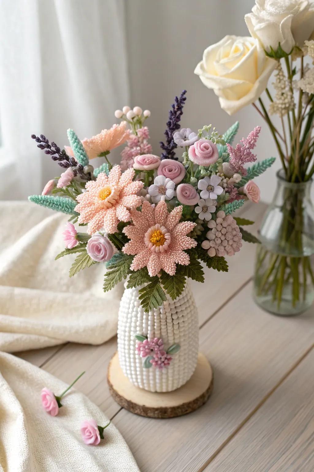 Eternal Blooms: Elevate your decor with this charming 3D Perler bead floral bouquet, a perfect blend of minimalist elegance and boho charm.