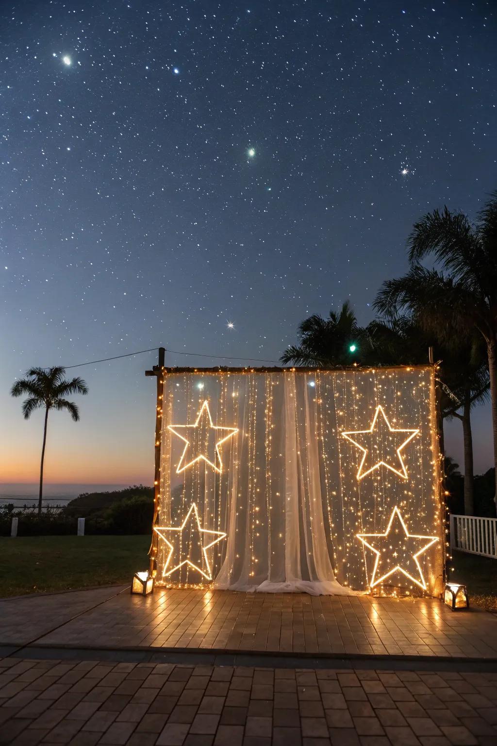 A magical starry night backdrop perfect for wedding photos.
