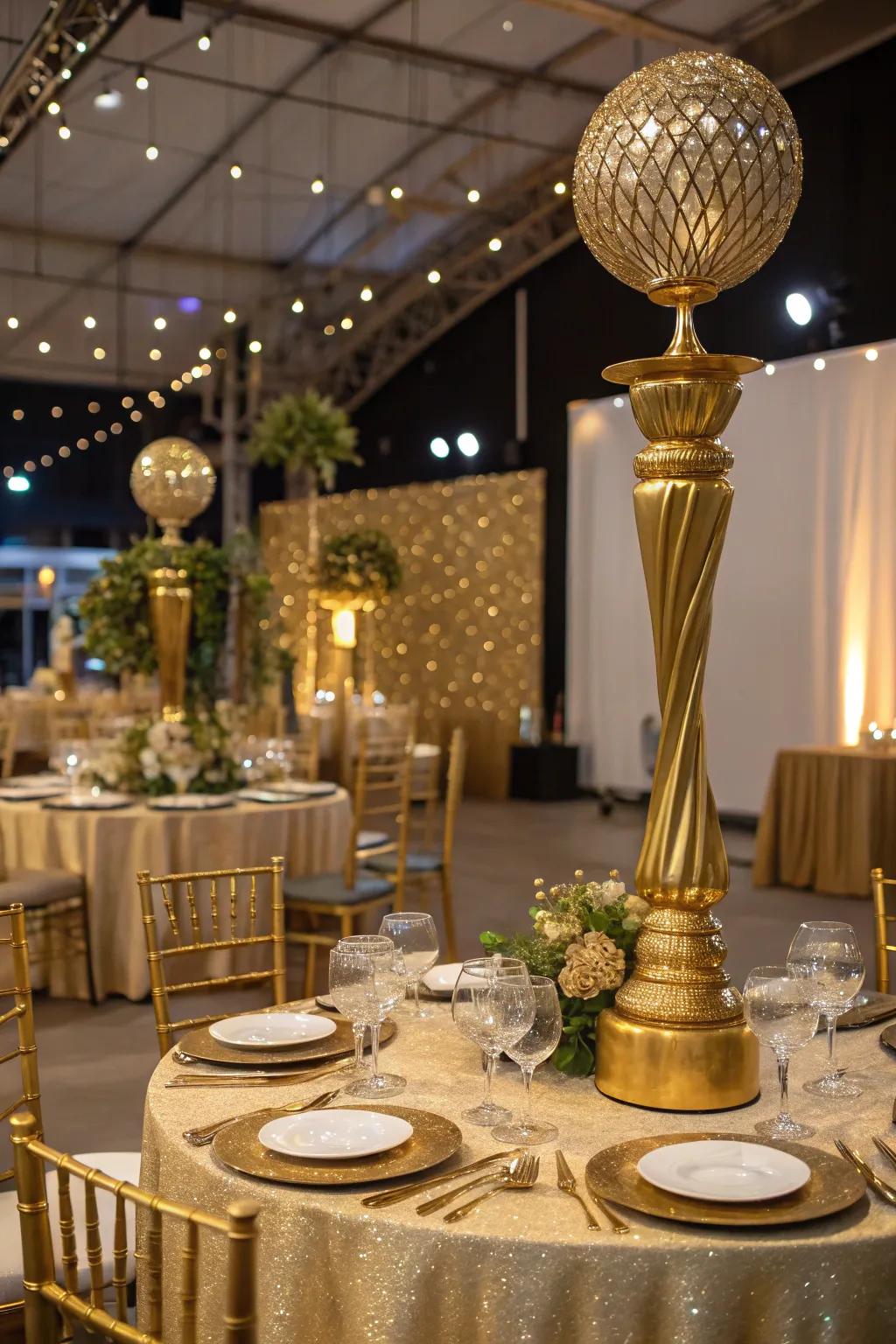 A luxurious golden gala setup for a milestone celebration.