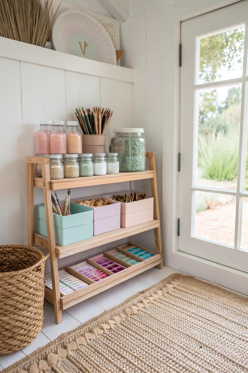 Transform your art studio shed into a haven of creativity with stylish organization.