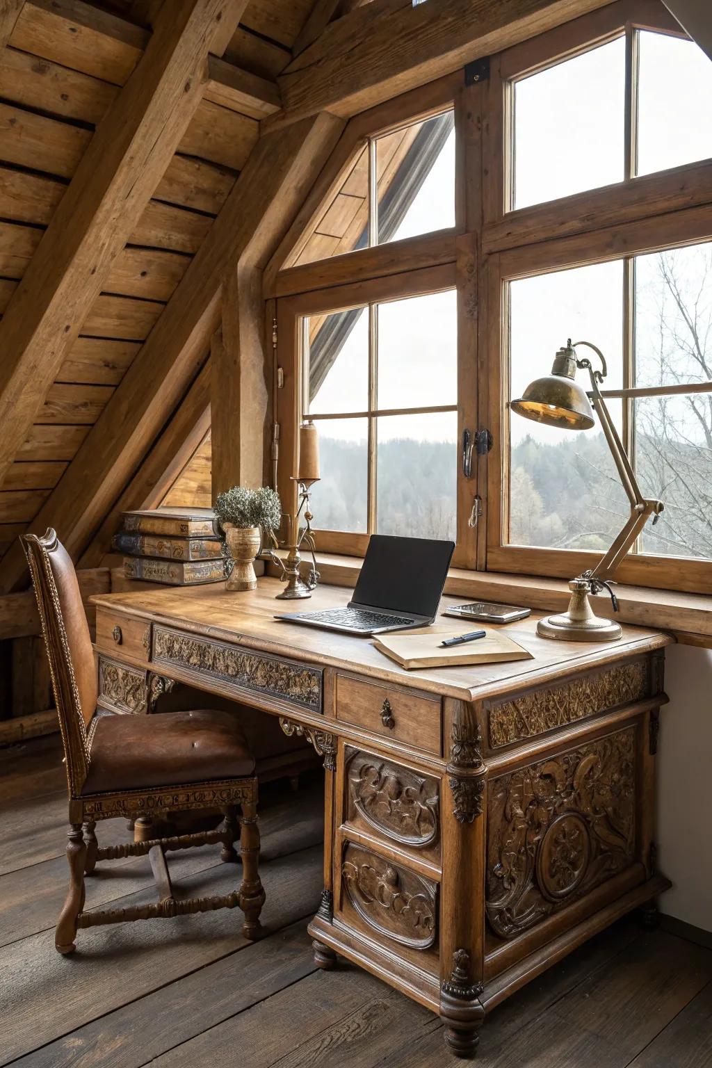 Elevate your workspace with artisanal craftsmanship in a serene attic home office.