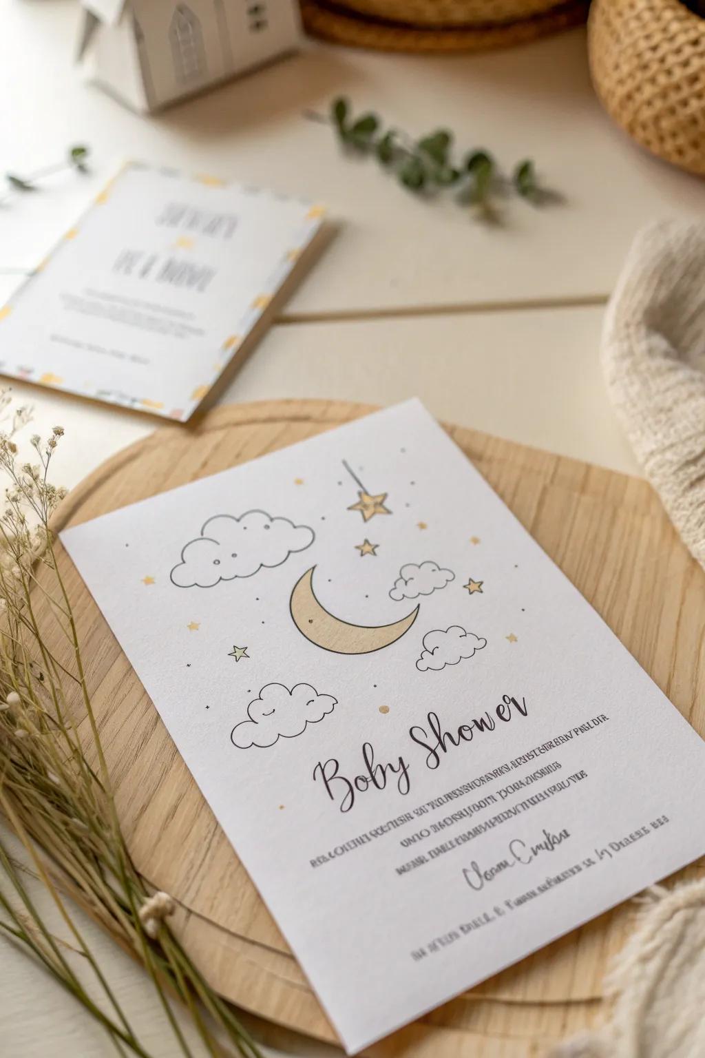 Dreamy Invitations: Embrace the night with our moonlit baby shower cards.