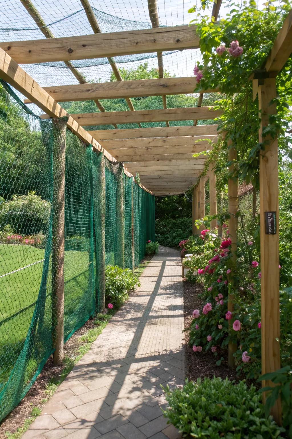 Transform your practice space into a garden oasis with this beautifully integrated backyard batting cage.
