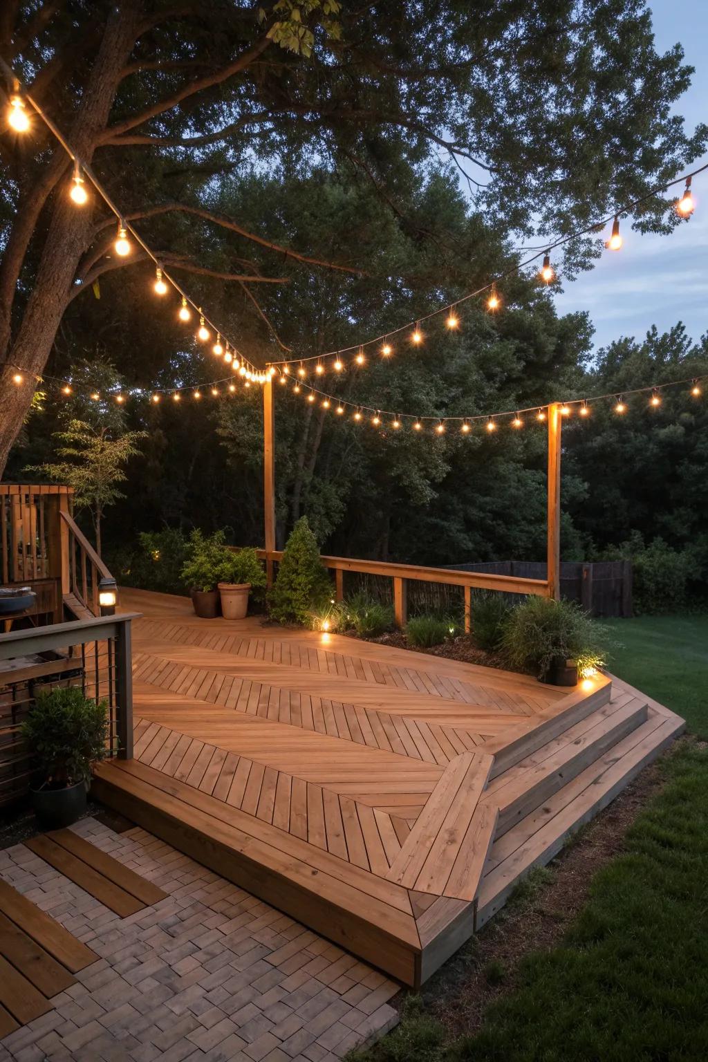 Transform your backyard with the enchanting glow of string lights—perfect for evenings on a handcrafted platform deck.