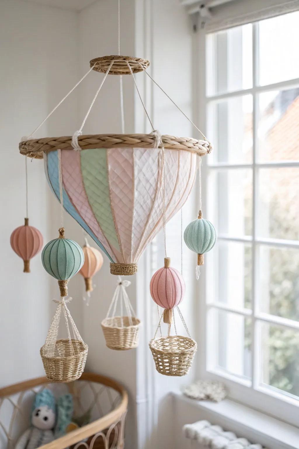 Whimsical hot air balloon mobile: a touch of Scandinavian simplicity meets Boho charm.