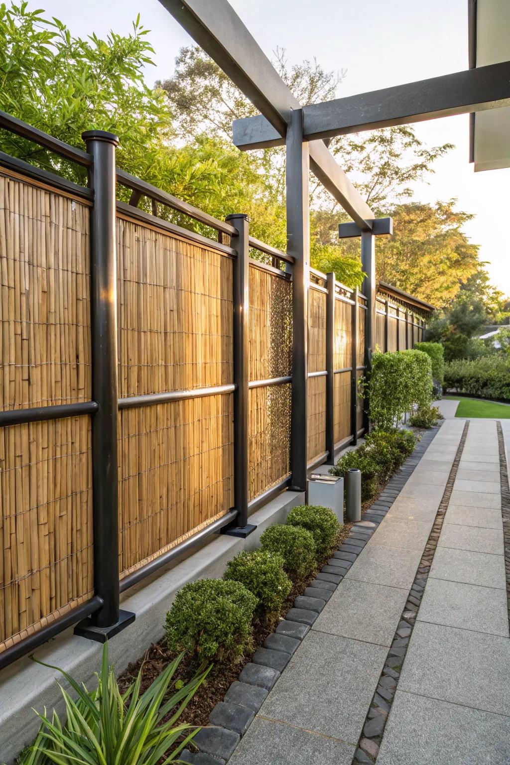 Elevate your garden with a stunning bamboo and metal fusion fence that blends tradition with modern elegance.