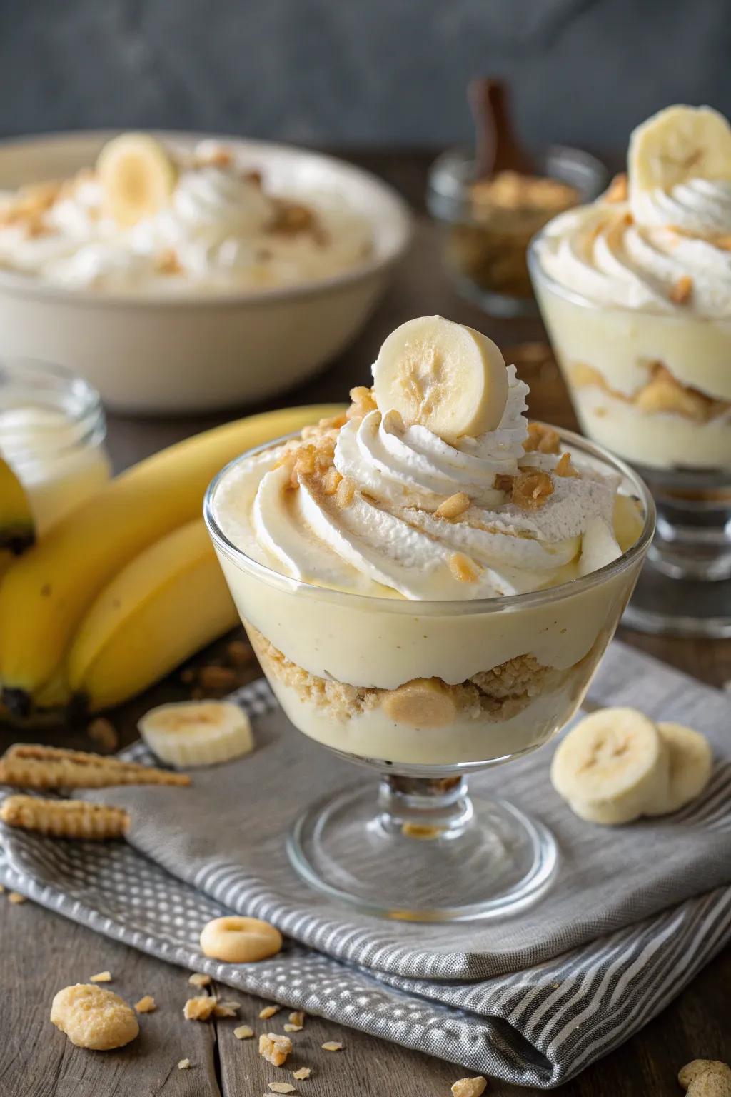 Whipped cream swirls add a touch of sophistication to banana pudding.