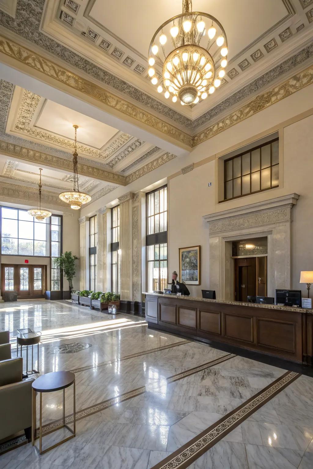 Decorative lighting enhances the ambiance and sophistication of the bank.