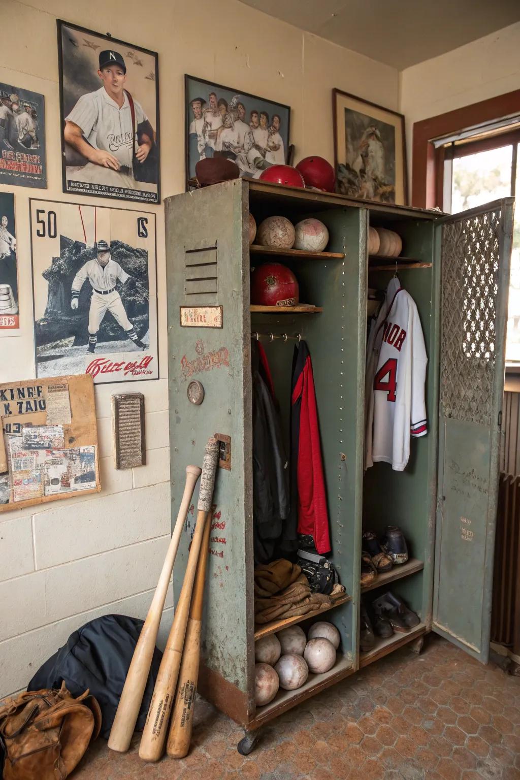 A vintage locker adds a nostalgic and functional element to the decor.