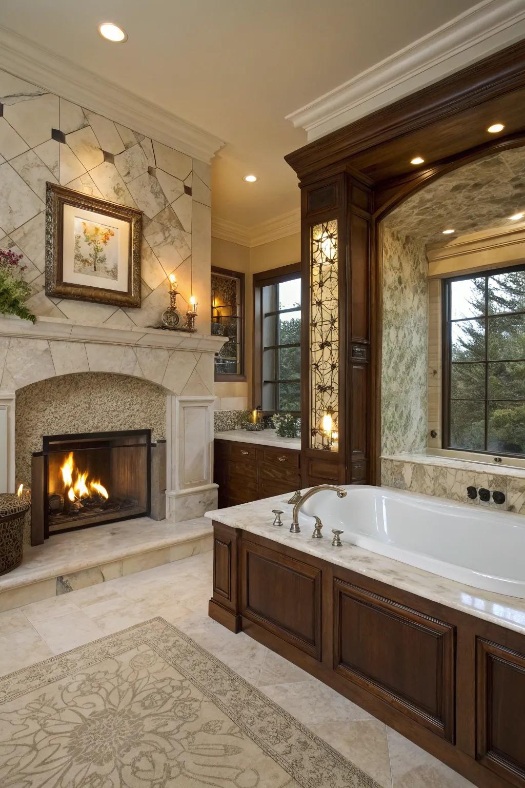 Marble and stone accents elevate the fireplace's elegance.
