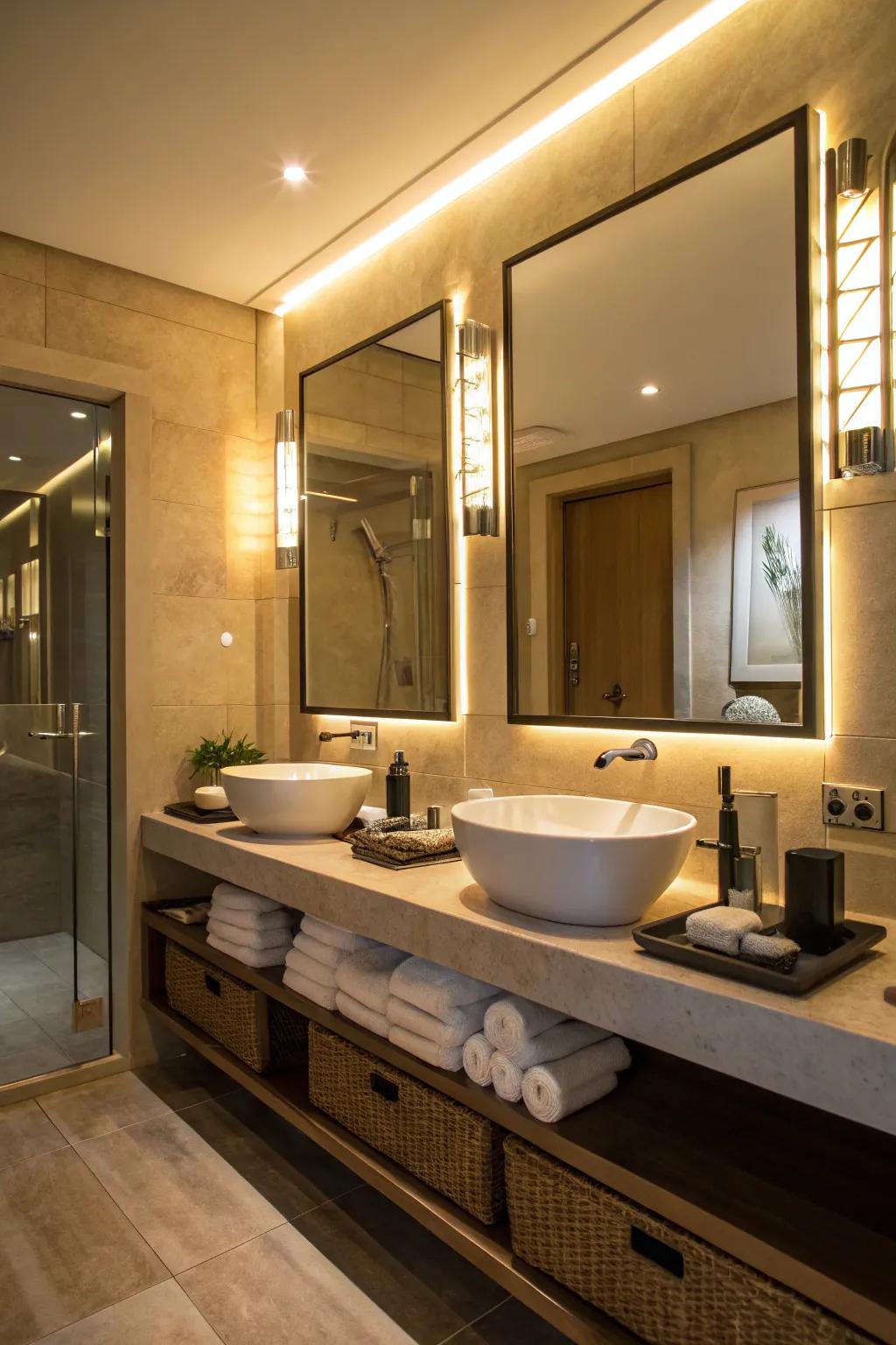 Illuminate your space with stylish lighting to enhance the bathroom's atmosphere.