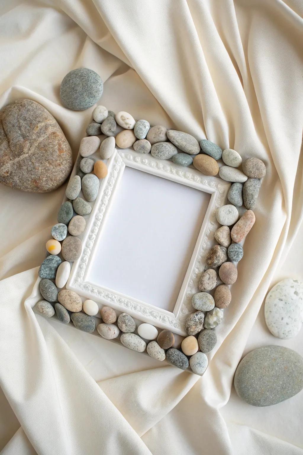 Elevate your cherished memories with the serene elegance of a pebble art frame.
