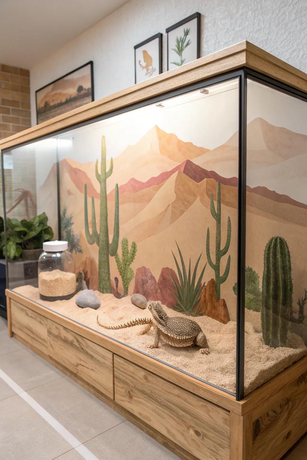 Elevate your bearded dragon's home with a custom desert-inspired backdrop that blends minimalist elegance with boho charm.