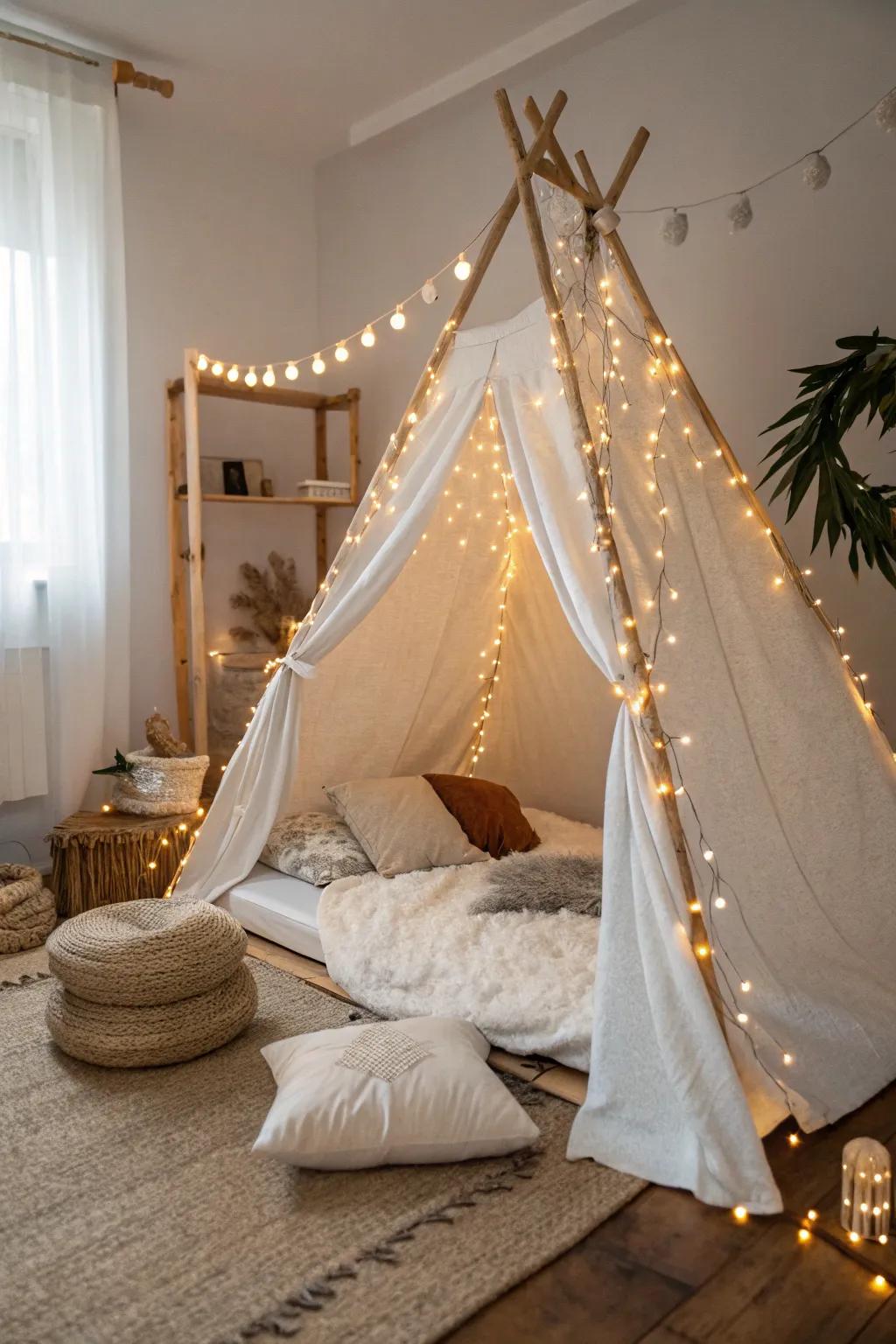 Illuminate your hideaway with string light magic for a cozy, enchanting retreat.