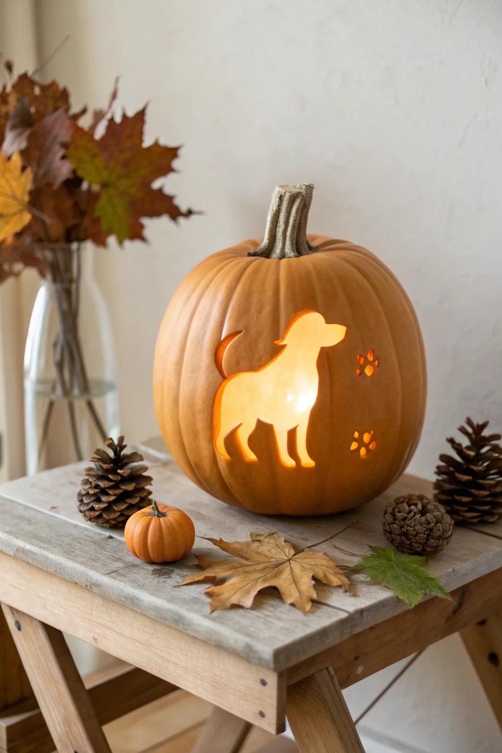 Embrace the art of simplicity with a charming dog silhouette pumpkin, perfect for adding a touch of elegance to your autumn decor.
