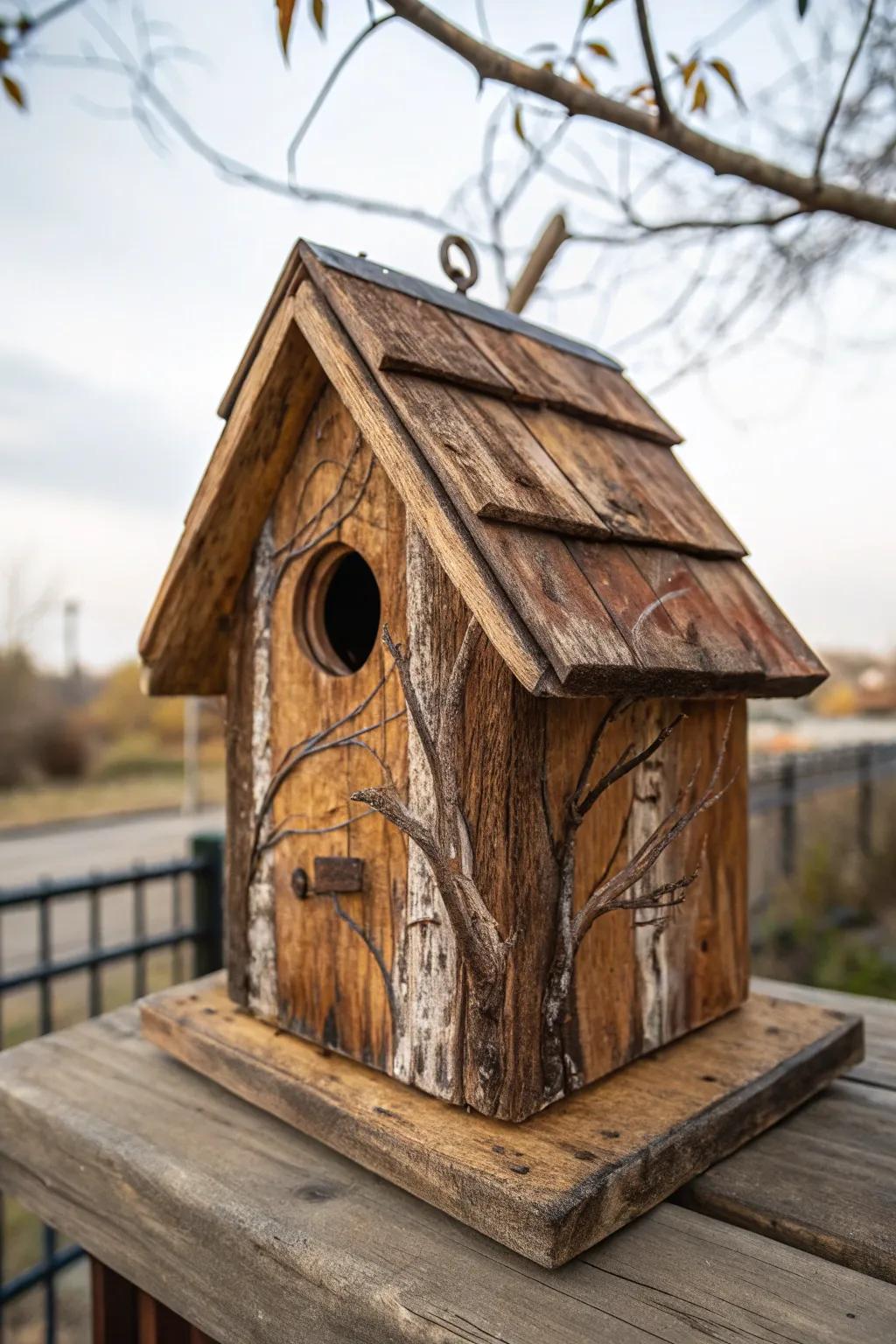 Embrace rustic charm with handcrafted wood textures on your birdhouse.