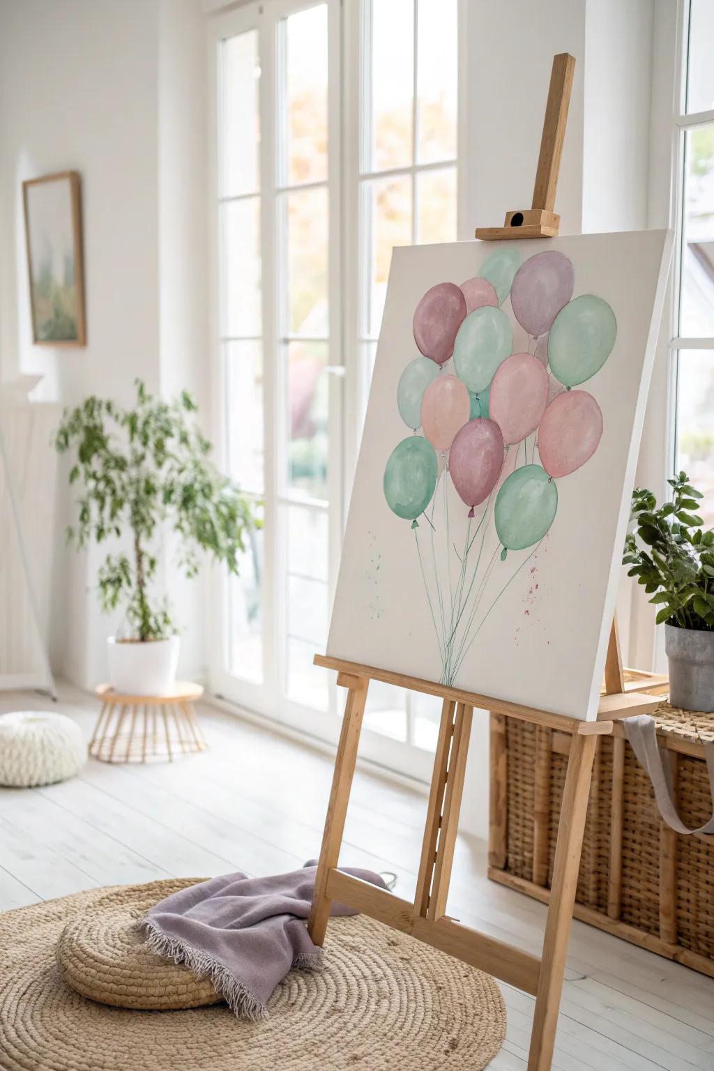 Elevate your birthday decor with a beautifully crafted balloon-themed canvas that captures the essence of celebration in minimalist style.