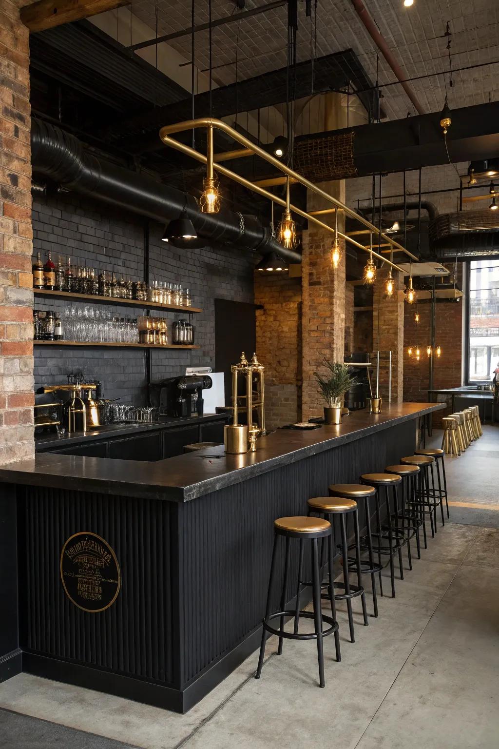 Industrial chic with brass accents in a black coffee bar