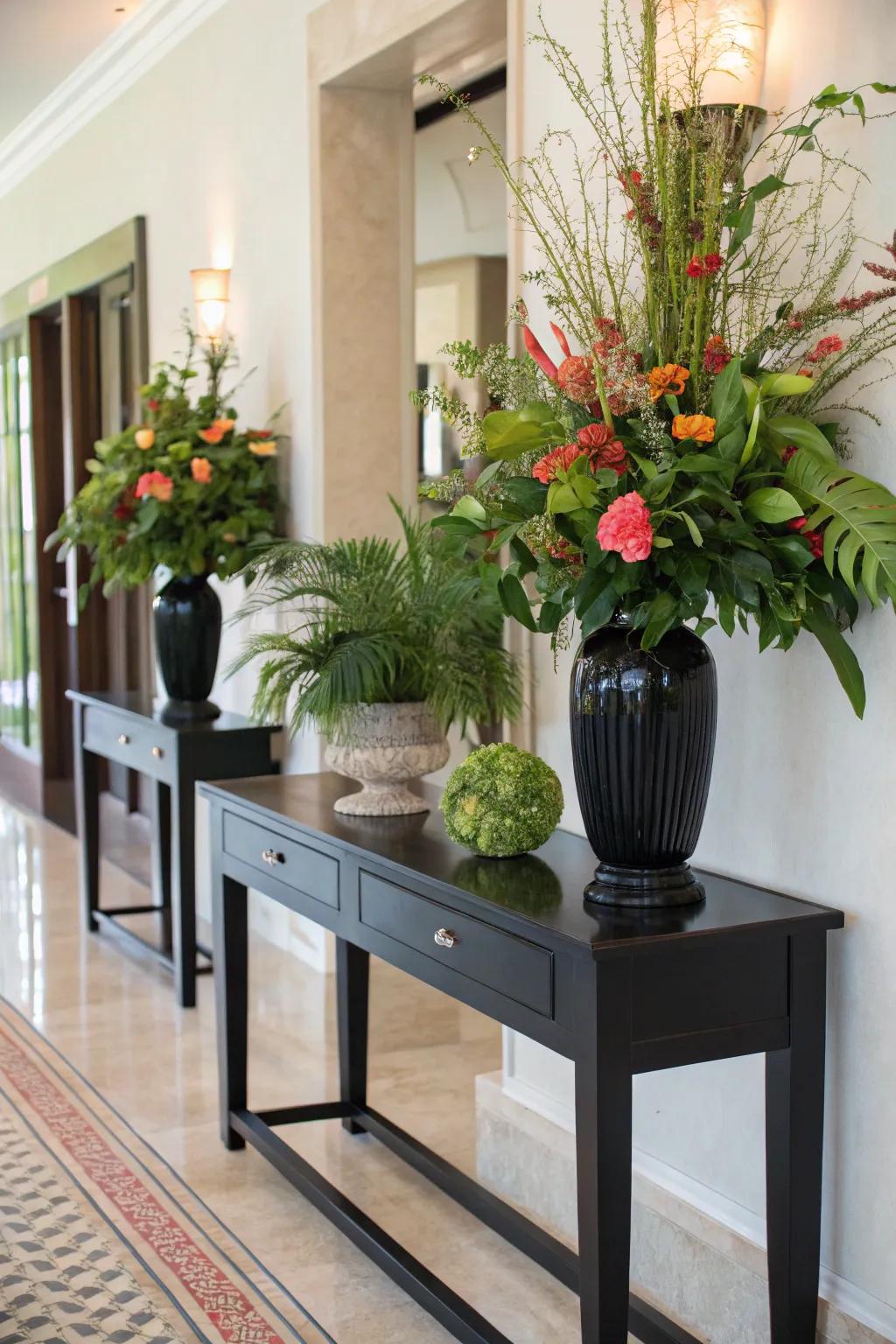 Greenery on a console table adds a natural and lively touch.