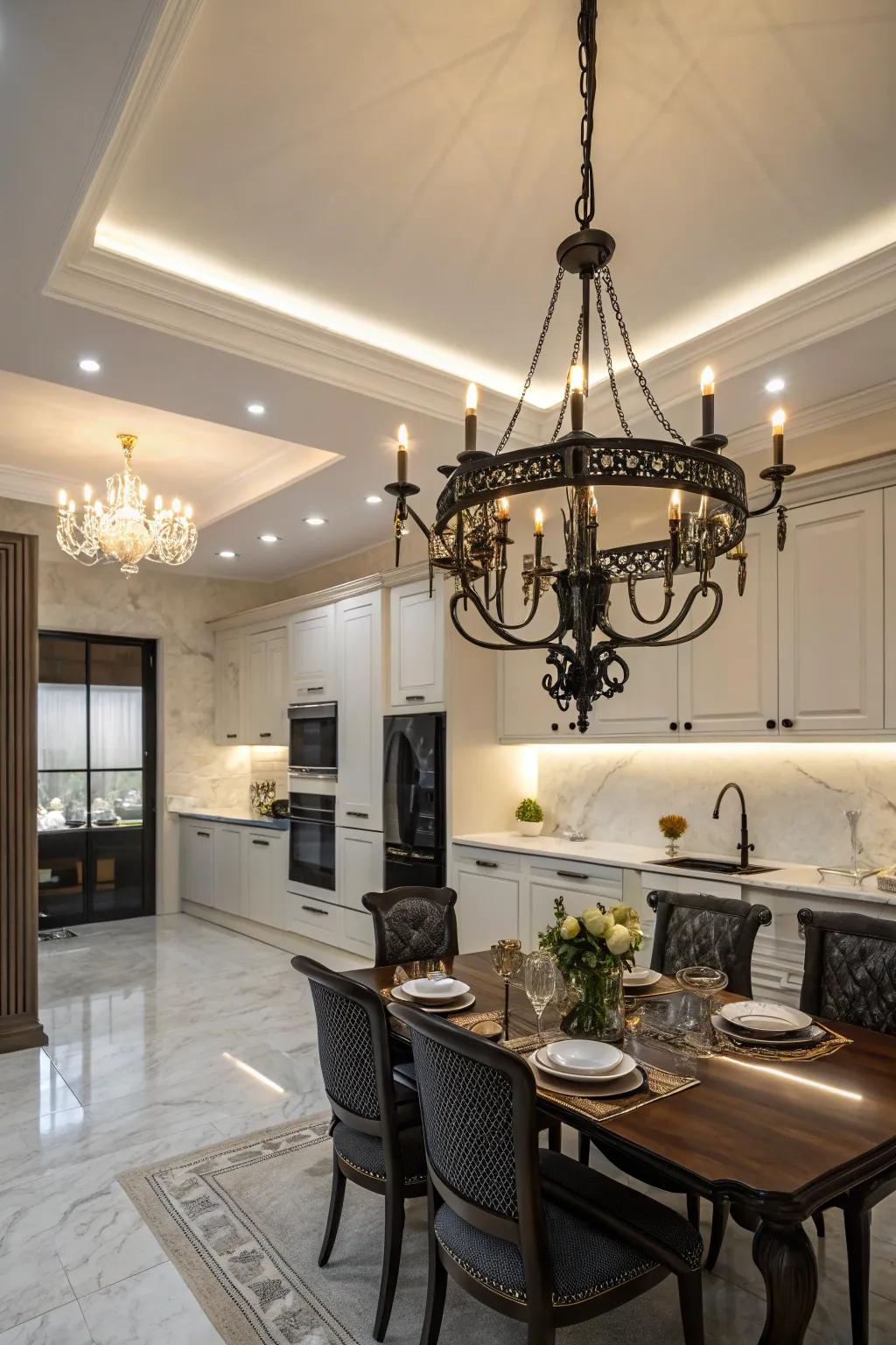 A black chandelier adds timeless elegance to your kitchen.
